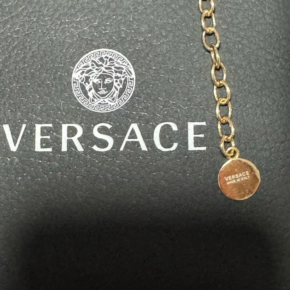 Versace Gold Medusa Charm Chain Necklace with Black Logo Backdrop - Picture 4 of 5